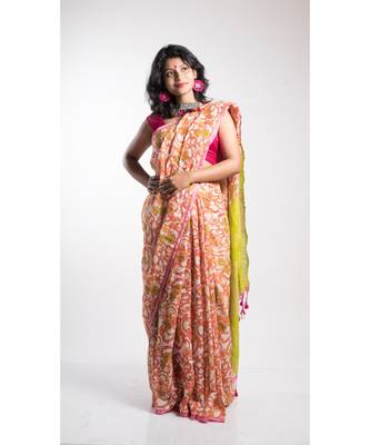 Yellow Printed Linen Saree With Blouse 4