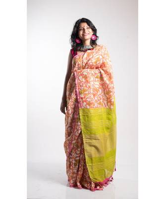 Yellow Printed Linen Saree With Blouse 5