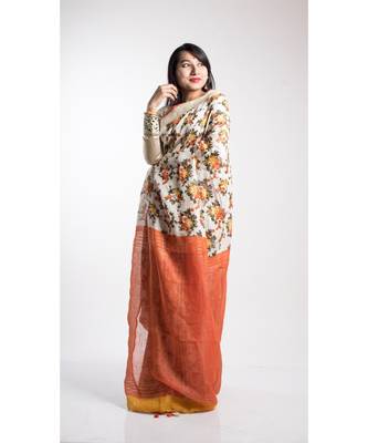 Multicolor Printed Linen Saree With Blouse 1