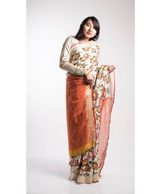 Multicolor Printed Linen Saree With Blouse 3