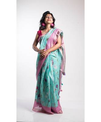 Turquoise Printed Linen Saree With Blouse 1