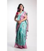 Turquoise Printed Linen Saree With Blouse