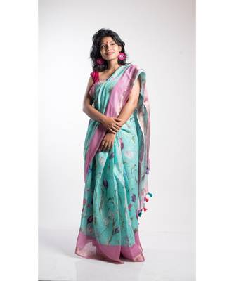 Turquoise Printed Linen Saree With Blouse 2