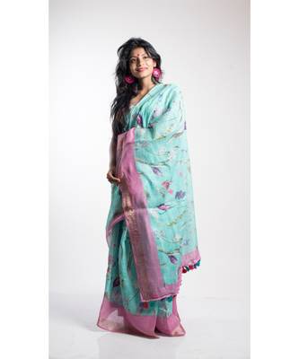 Turquoise Printed Linen Saree With Blouse 3