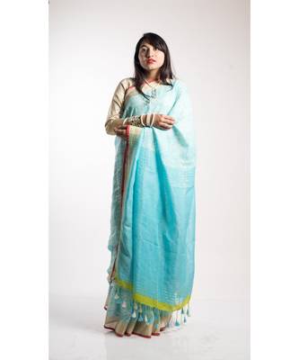 Turquoise Print Linen Saree With Blouse 1