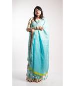 Turquoise Print Linen Saree With Blouse