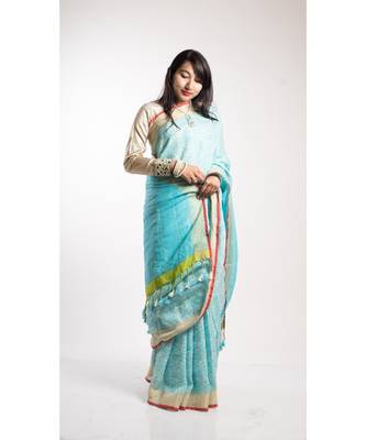 Turquoise Print Linen Saree With Blouse 2
