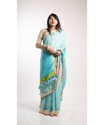 Turquoise Print Linen Saree With Blouse 3