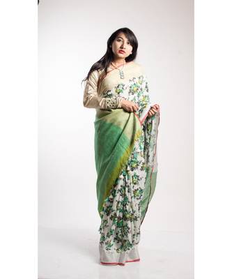 Multicolor Printed Linen Saree With Blouse 3