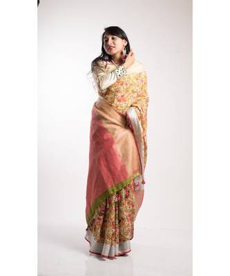 Multicolor Printed Linen Saree With Blouse 2