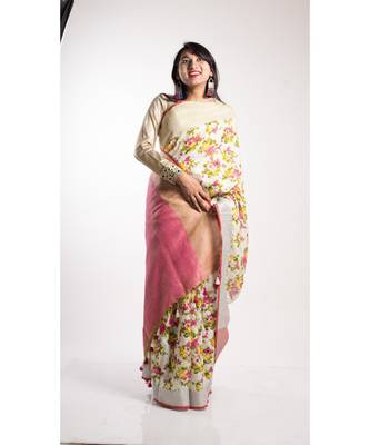 Multicolor Printed Linen Saree With Blouse 2