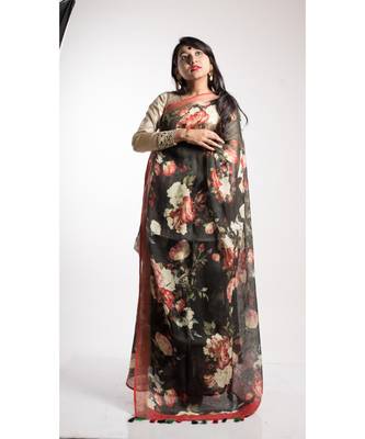 Black Printed Linen Saree With Blouse 2