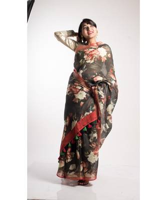 Black Printed Linen Saree With Blouse 3