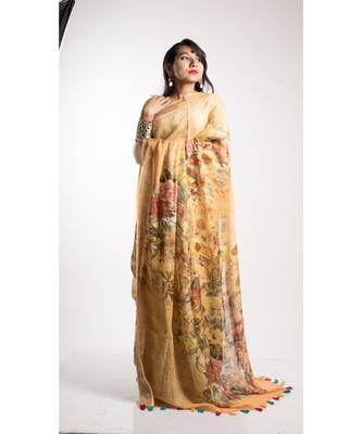 Multicolor Printed Linen Saree With Blouse 1