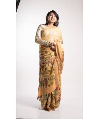 Multicolor Printed Linen Saree With Blouse 2