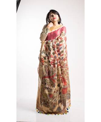 Multicolor Printed Linen Saree With Blouse 1