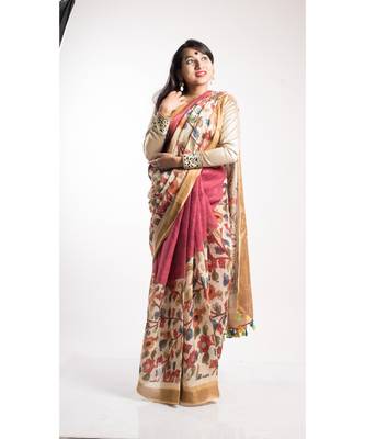 Multicolor Printed Linen Saree With Blouse 2