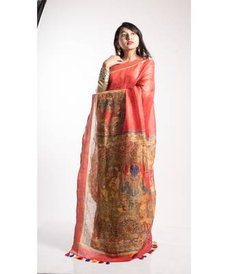 Orange Printed Linen Saree With Blouse 1