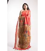 Orange Printed Linen Saree With Blouse