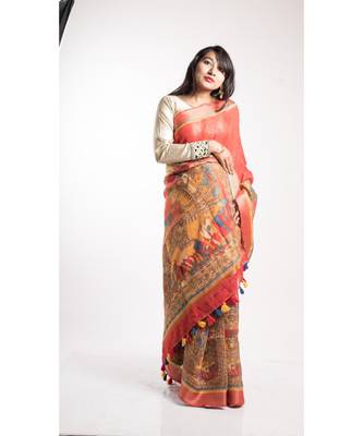 Orange Printed Linen Saree With Blouse 2