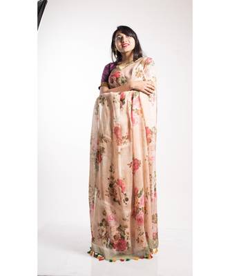 Cream Printed Linen Saree With Blouse 1
