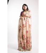 Cream Printed Linen Saree With Blouse