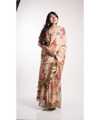 Cream Printed Linen Saree With Blouse 2
