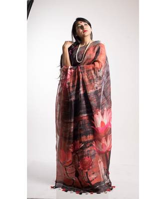 Multicolor Printed Linen Saree With Blouse 1