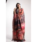 Multicolor Printed Linen Saree With Blouse