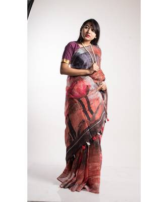 Multicolor Printed Linen Saree With Blouse 2