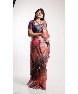 Multicolor Printed Linen Saree With Blouse 3