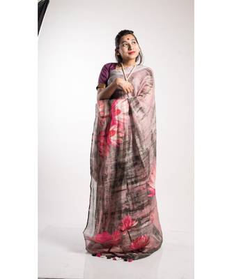 Multicolor Printed Linen Saree With Blouse 1