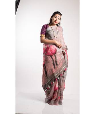 Multicolor Printed Linen Saree With Blouse 2