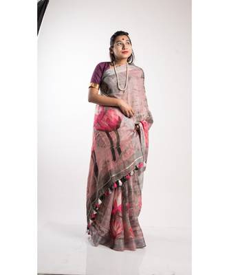 Multicolor Printed Linen Saree With Blouse 3