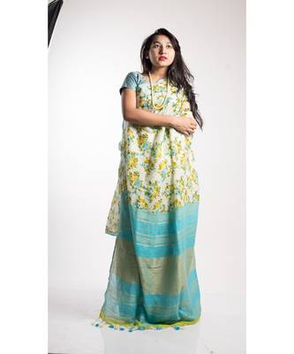 Multicolor Printed Linen Saree With Blouse 1