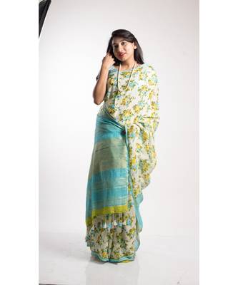 Multicolor Printed Linen Saree With Blouse 2