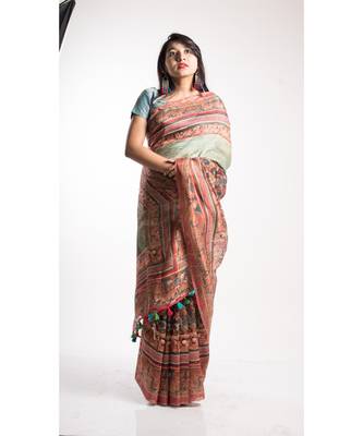 Multicolor Printed Linen Saree With Blouse 1