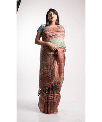 Multicolor Printed Linen Saree With Blouse 2