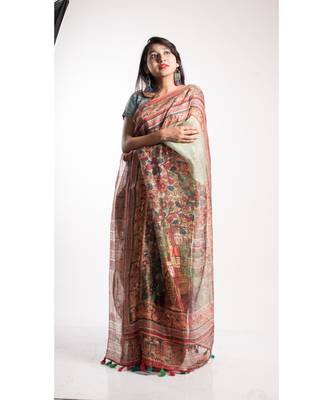 Multicolor Printed Linen Saree With Blouse 3