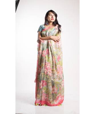 Multicolor Printed Linen Saree With Blouse 1