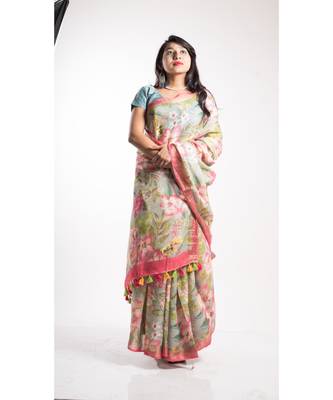 Multicolor Printed Linen Saree With Blouse 2