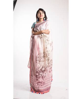 Pink Printed Linen Saree With Blouse 1