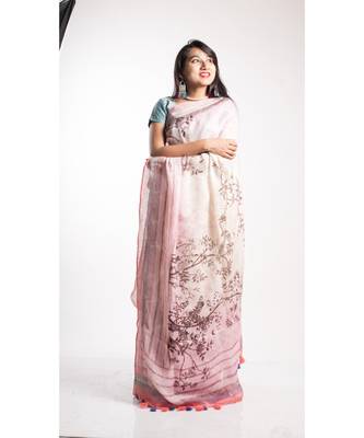 Pink Printed Linen Saree With Blouse 2
