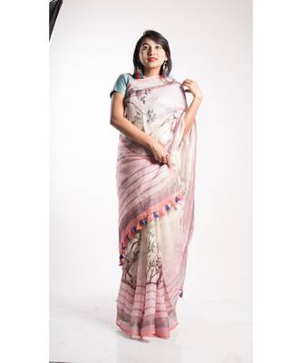 Pink Printed Linen Saree With Blouse 3