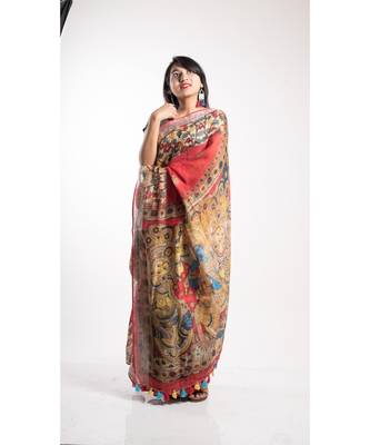 Red Printed Linen Saree With Blouse 1