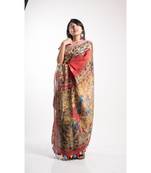 Red Printed Linen Saree With Blouse