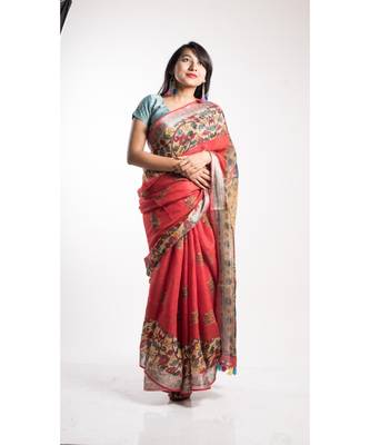 Red Printed Linen Saree With Blouse 2