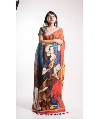 Orange Printed Linen Saree With Blouse 1