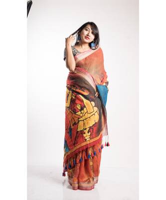 Orange Printed Linen Saree With Blouse 2