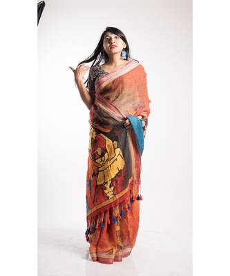 Orange Printed Linen Saree With Blouse 3